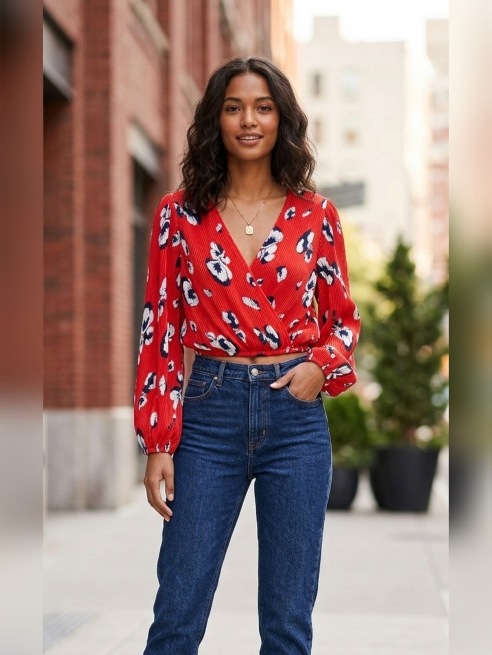 Astr Red Floral Crop Blouse